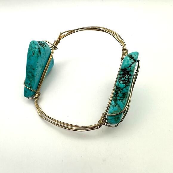 Faux Turquoise Nugget Wire Wrapped Bracelet Bangle Western Coastal Cowgirl - Picture 2 of 8